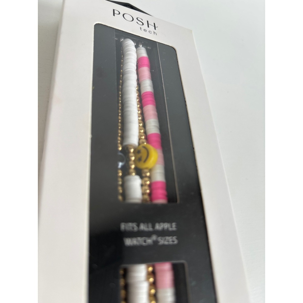 Posh Tech Bestie Beaded Apple Watch Band 4-Strand Evil Eye Smiley Face Pink-Gold - Picture 2 of 5